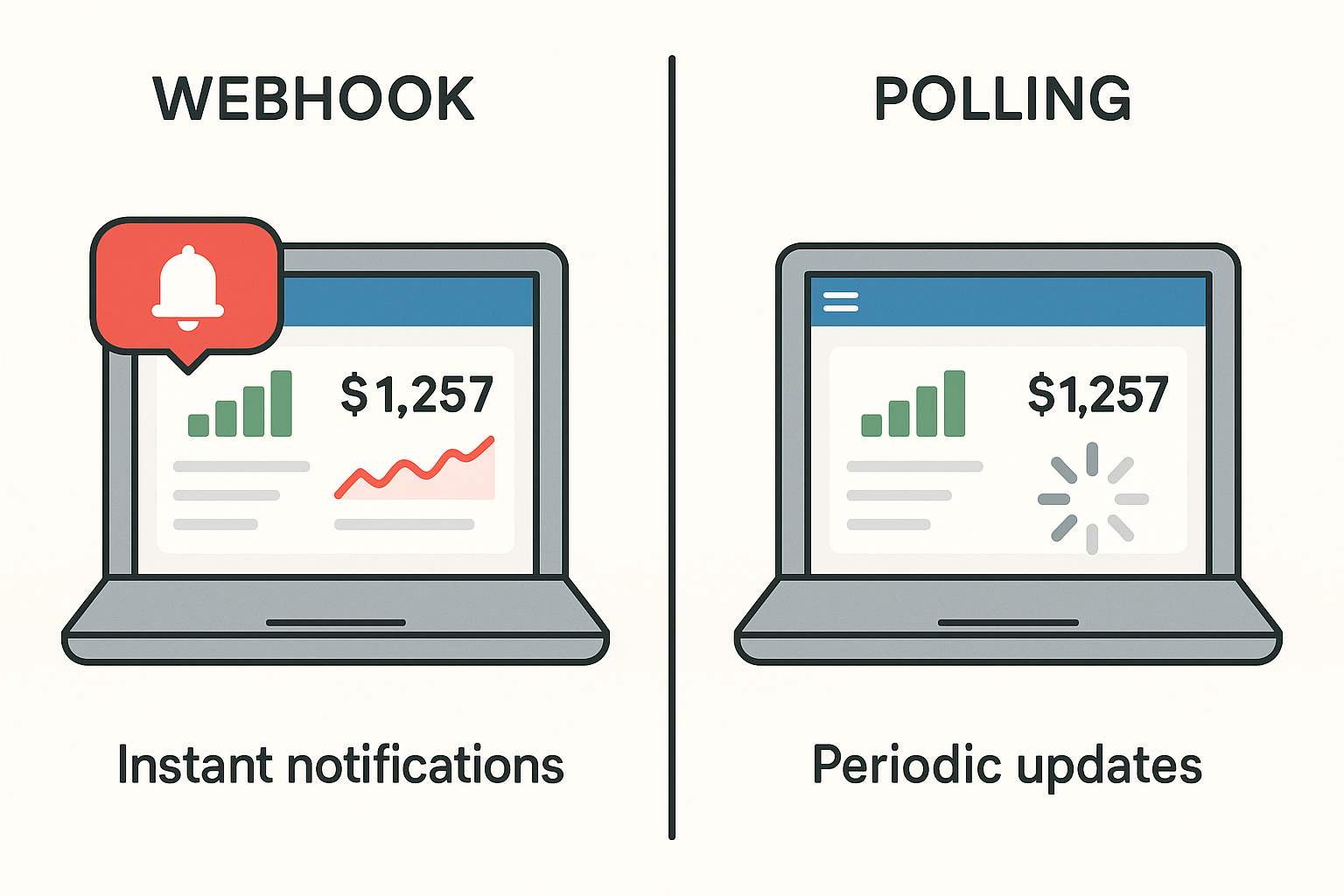 webhook versus polling for small business tools split-screen illustration