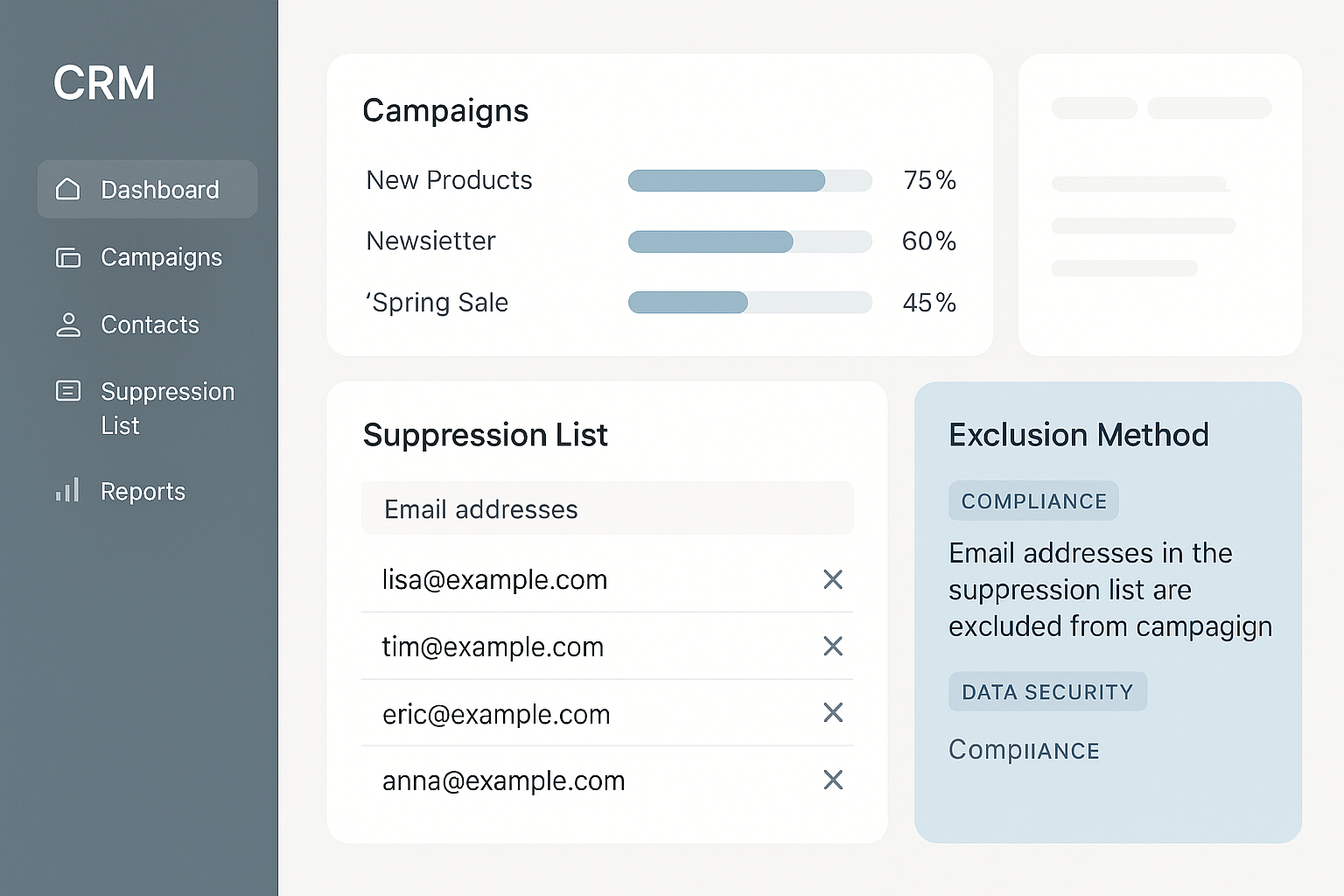 CRM dashboard showing keeping suppression lists in the CRM for compliance
