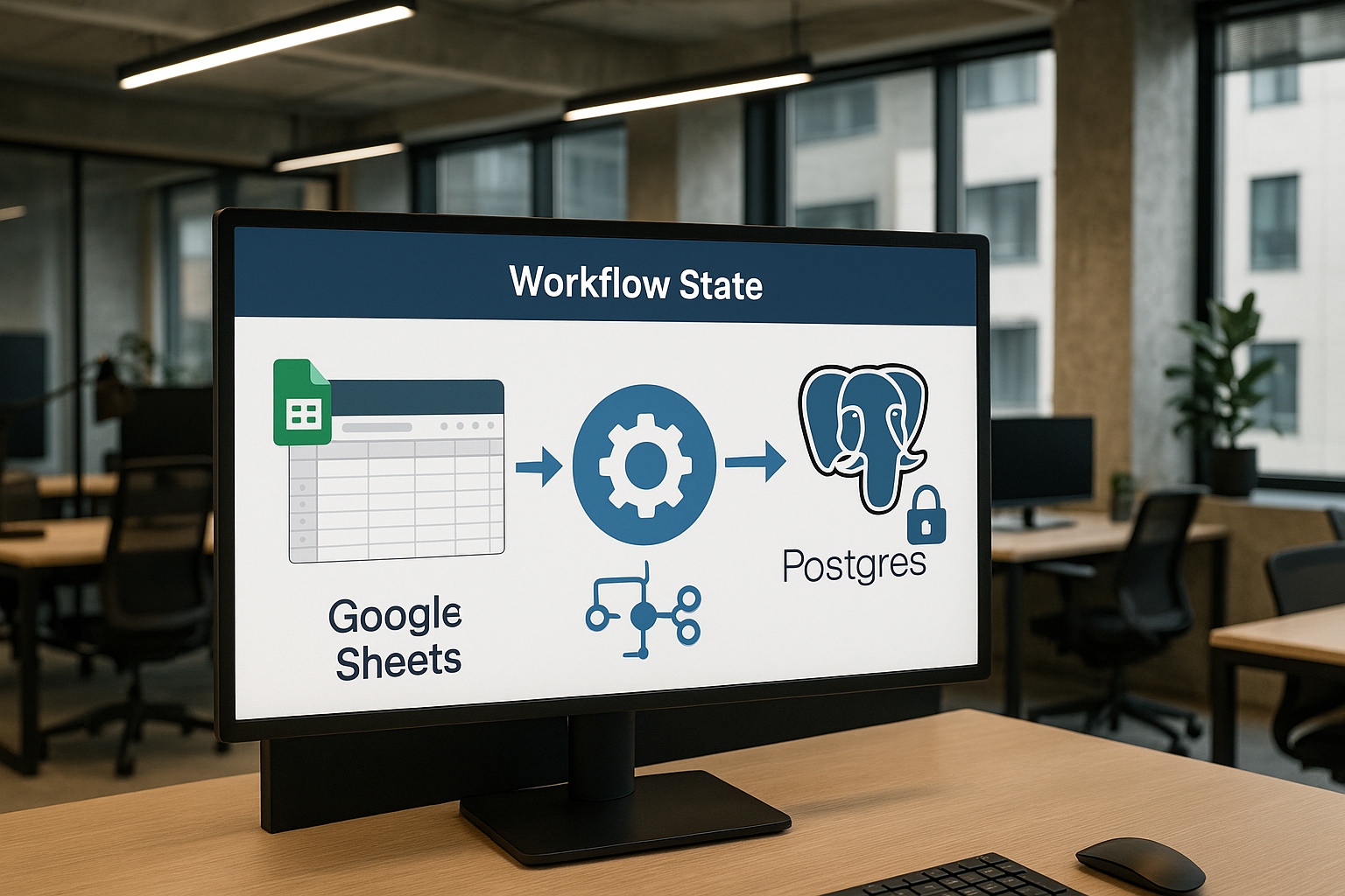 A digital dashboard visualizing storing workflow state in postgres instead of google sheets for agencies.
