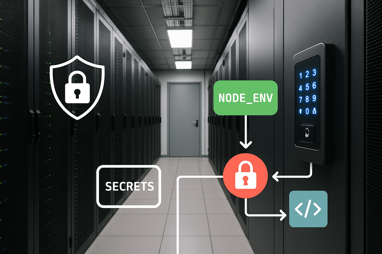 A secure server room illustrating secrets handling for self hosted n8n.