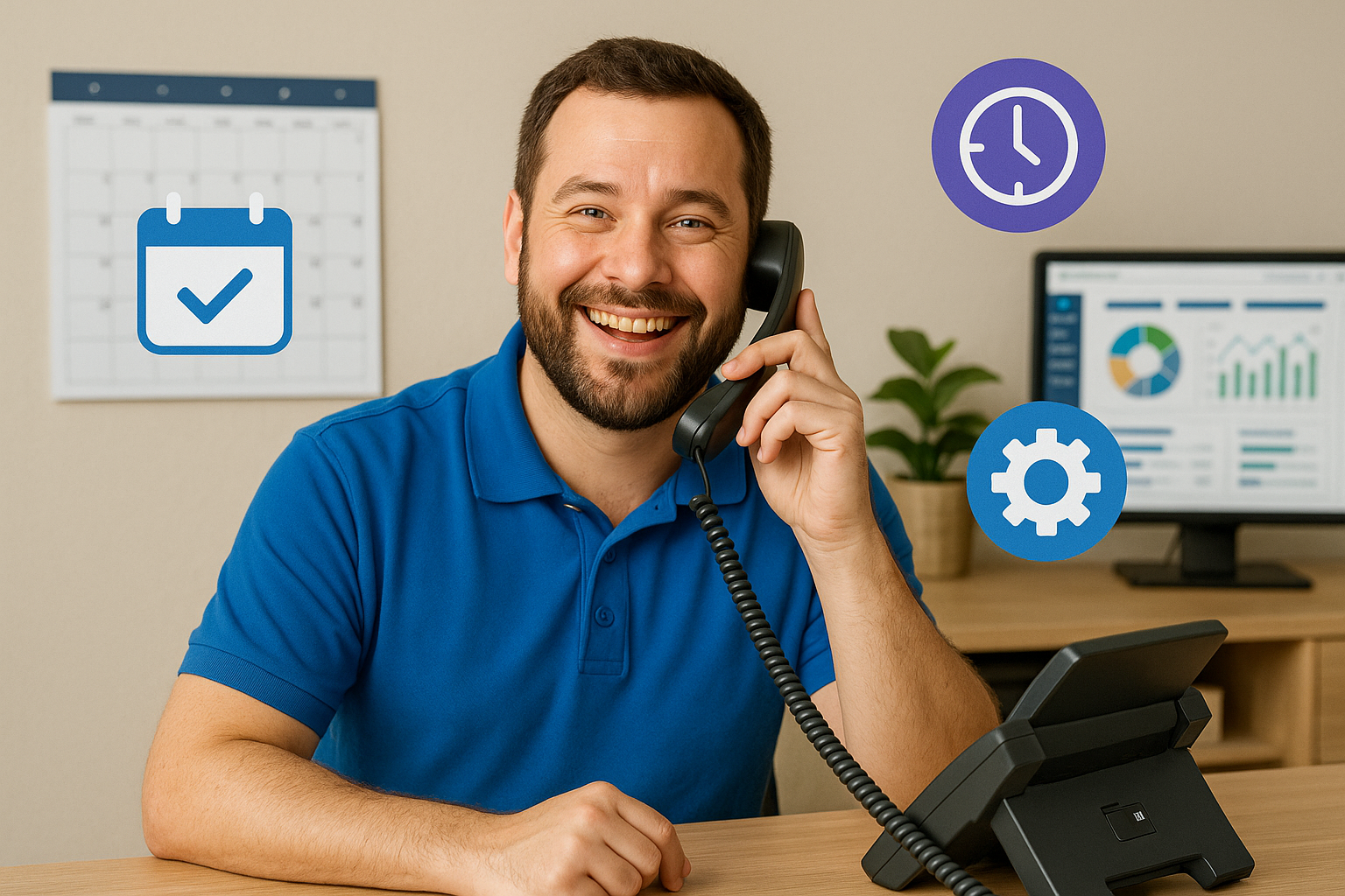 Home service owner using voicemail replacement for local businesses in a modern office.