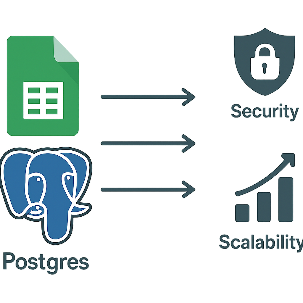 Side-by-side comparison showing storing workflow state in postgres instead of google sheets.