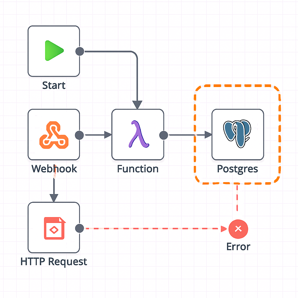 n8n workflow diagram showing switch from spreadsheet to Postgres for state storage.