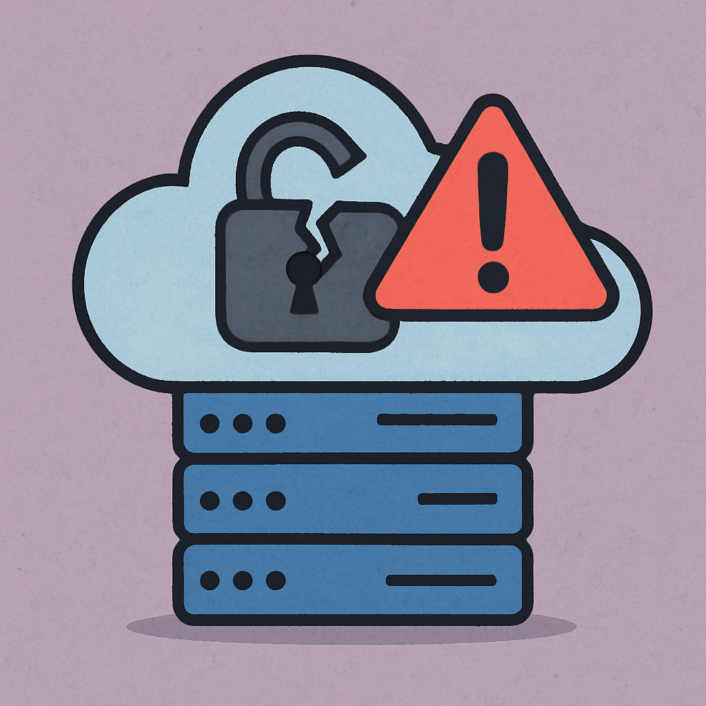 A broken lock and warning sign over a cloud server showing risks of poor secrets handling.