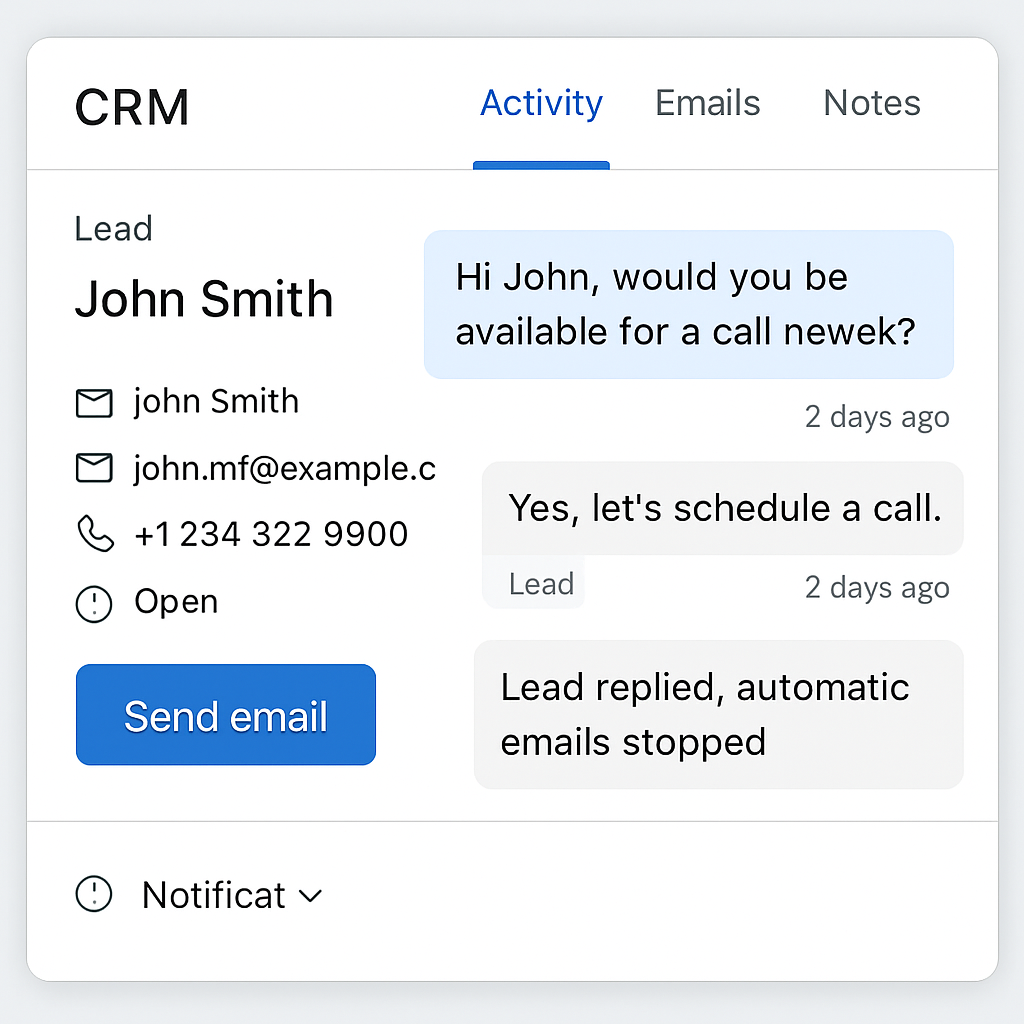 CRM interface showing lead follow up sequences that stop when someone replies.