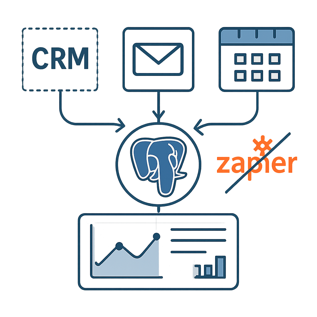 Centralized CRM, email, and calendar integration with Postgres, eliminating Zap sprawl.