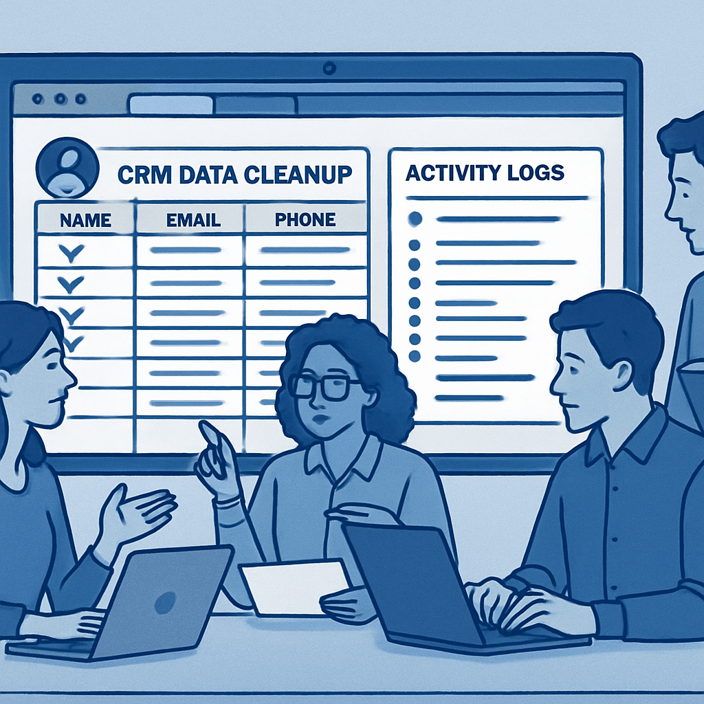 A team performing CRM data cleanup to maintain activity history.