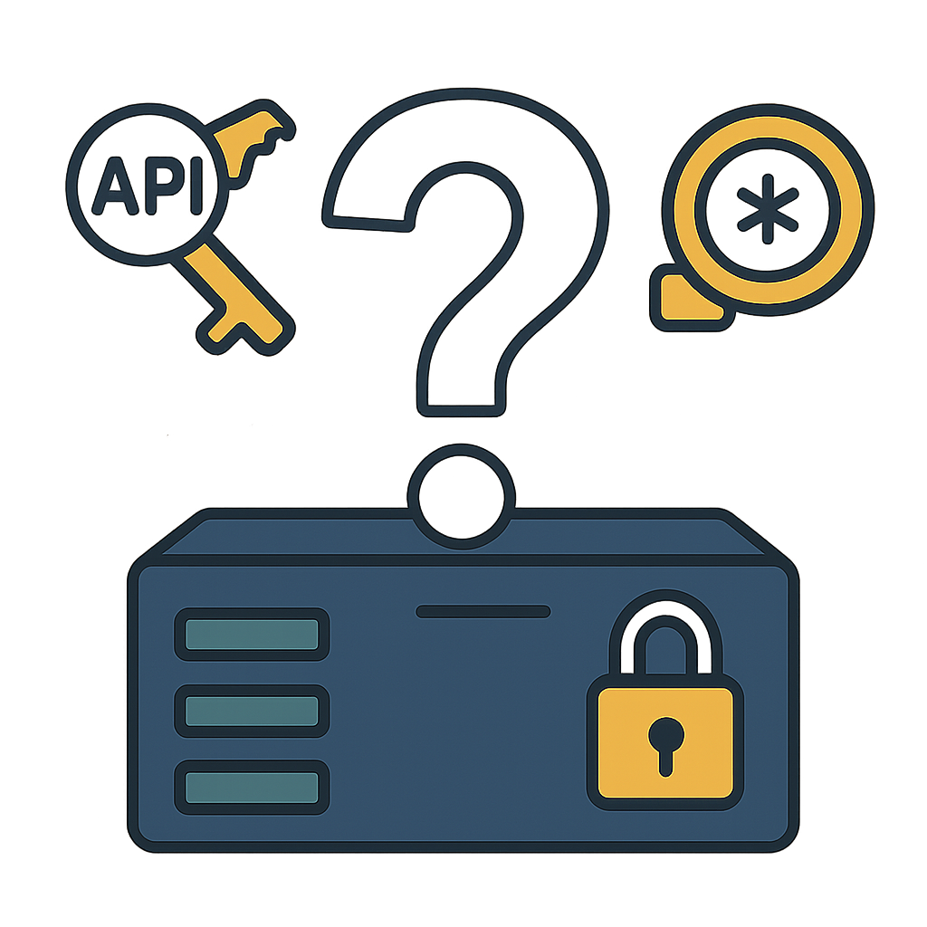 A secure server with a question mark, API key, and token icons for n8n secrets FAQs.
