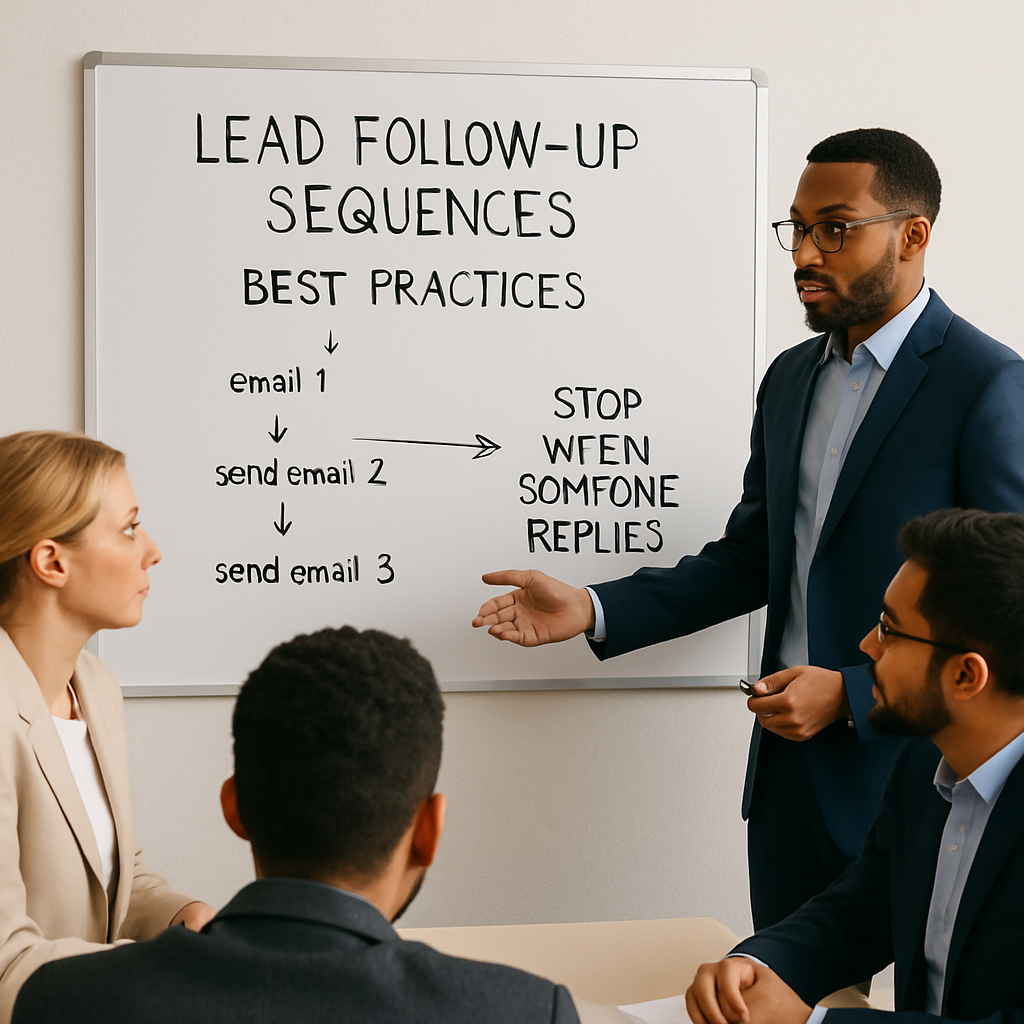 Team discussing best practices for lead follow up sequences that stop when someone replies.